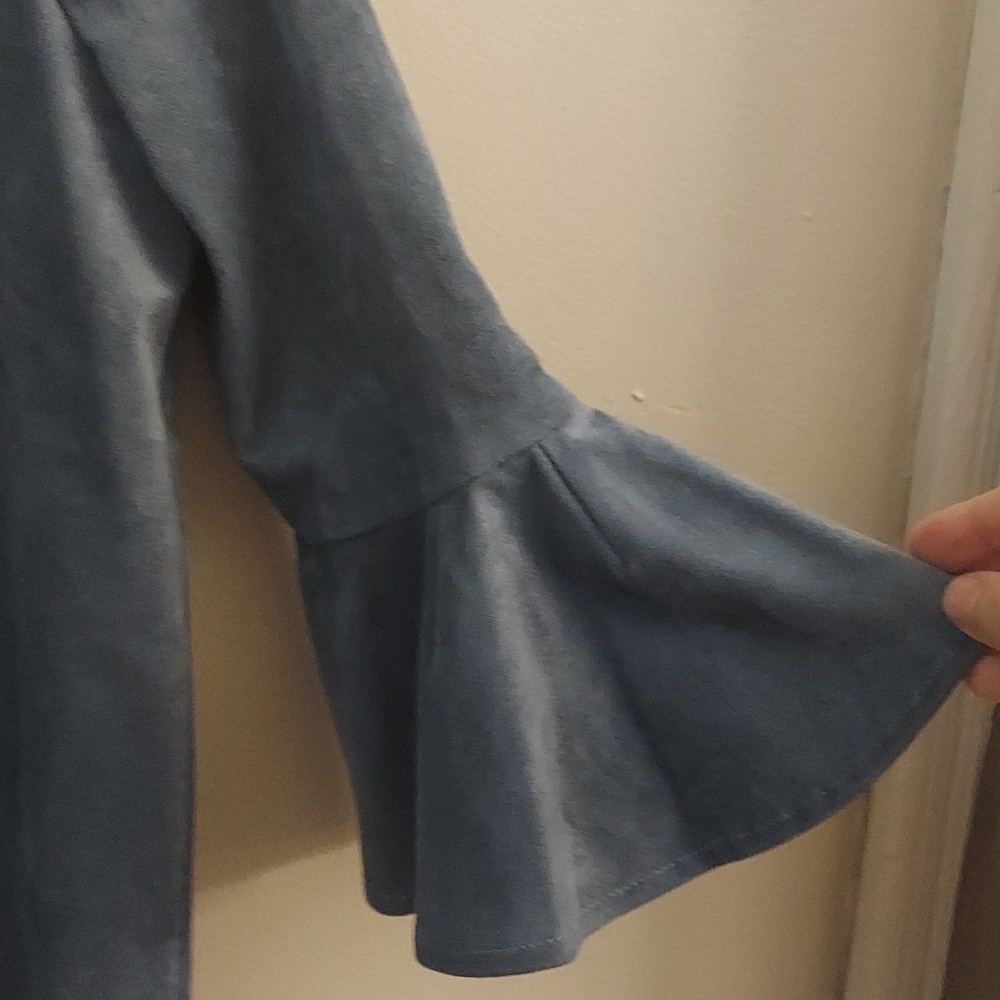 BCBGMAXARIA Catier Faux Suede Dusty Blue Mini Dress With Bell Sleeves XS Boho - Picture 8 of 13